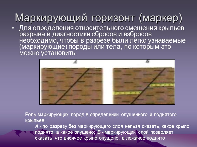 Маркирующий горизонт (маркер) Для определения относительного смещения крыльев разрыва и диагностики сбросов и взбросов Маркирующий горизонт (маркер) Для определения относительного смещения крыльев разрыва и диагностики сбросов и взбросов